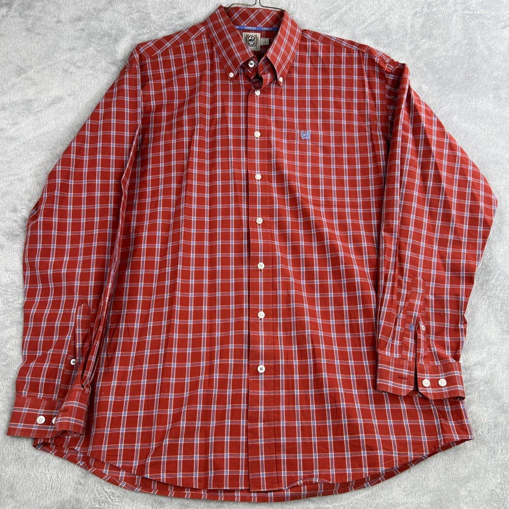 Cinch Plaid Button Down Shirt L Red Men Western Cowboy Long Sleeve Workwear